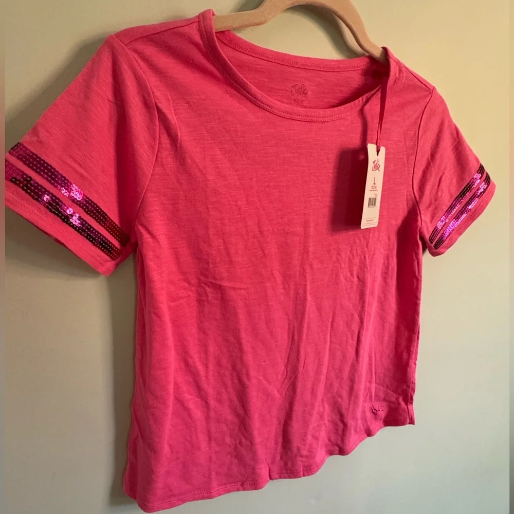 NWT Justice hot Pink Sequin Sleeve jersey style T-Shirt size large 12/14